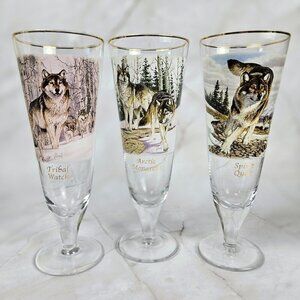 "12 Souls of the Wild" Set of 3 Wolf Pilsner Glasses 22K Gold Rimmed